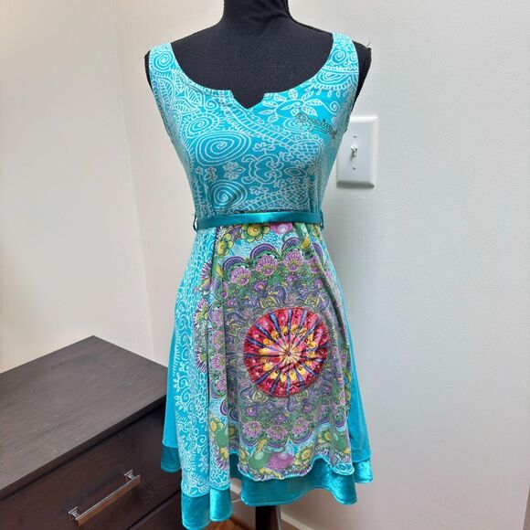 Vintage Desigual Blue Midi Dress \ Y2K 90s Boho Blue Desigual Midi Dress \ Sz SM - Picture 1 of 6